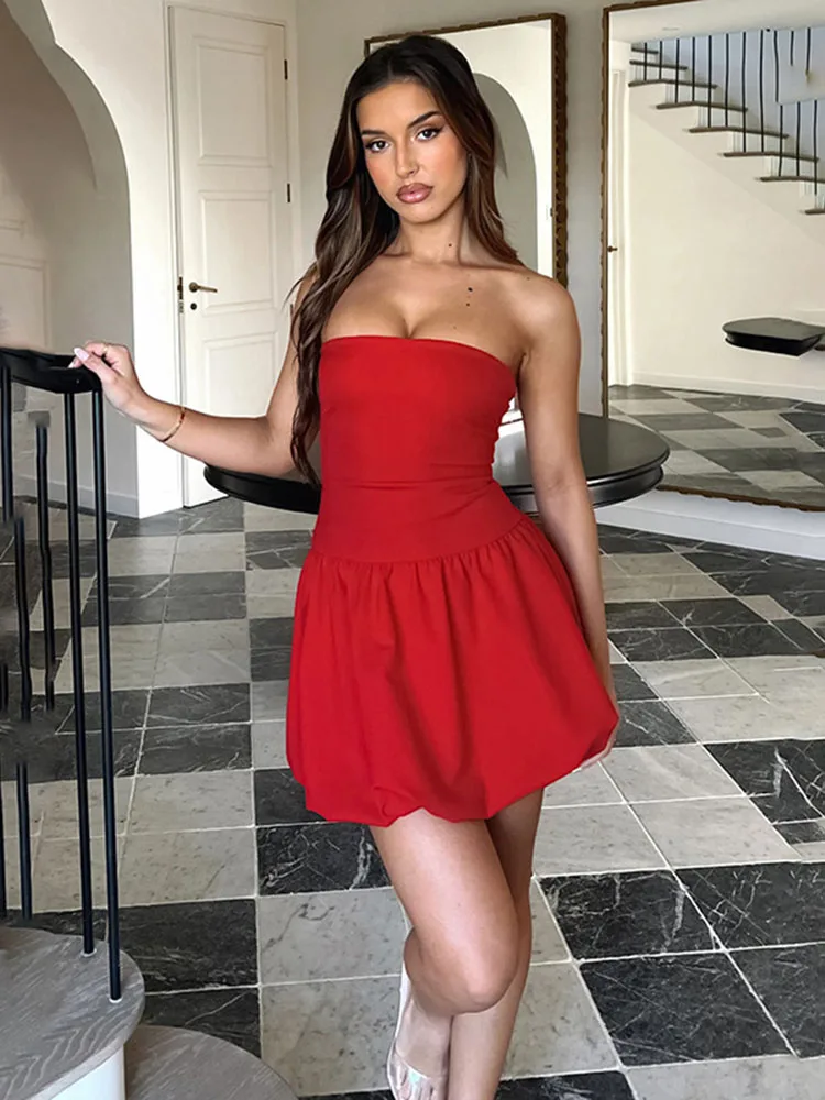 

Tossy Fashion Ruffle Backless Mini Dress Women's Solid Color Pleated Tube Top Dress A Line Summer New Women's Party Mini Dress