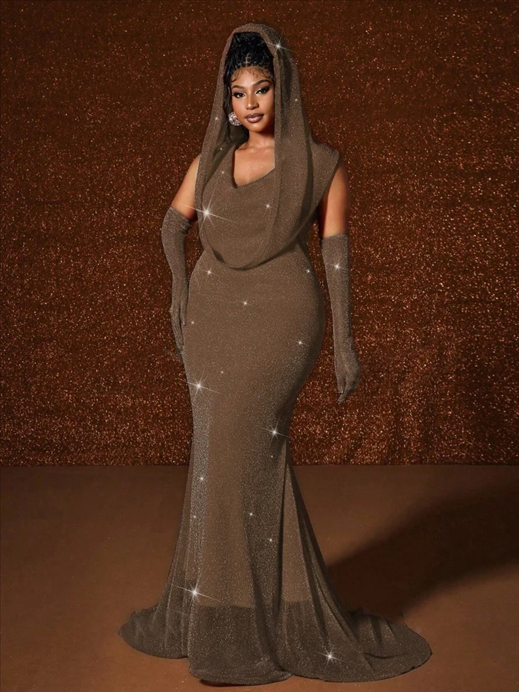 فستان ماكسي جديد مزين بقلنسوة بدون أكمام بحاشية ذيل السمكة فستان أنيق لحفلات الزفاف مقاس كبير فساتين نسائية ضيقة مثيرة في الحفلات