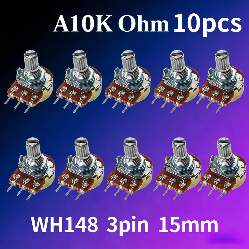 10Pcs WH148 A10K Ohm Potentiometer, 3-Pin 15mm, Linear Variable Resistor, Ideal for Guitar, Amplifier Volume & Tone Control, Ele