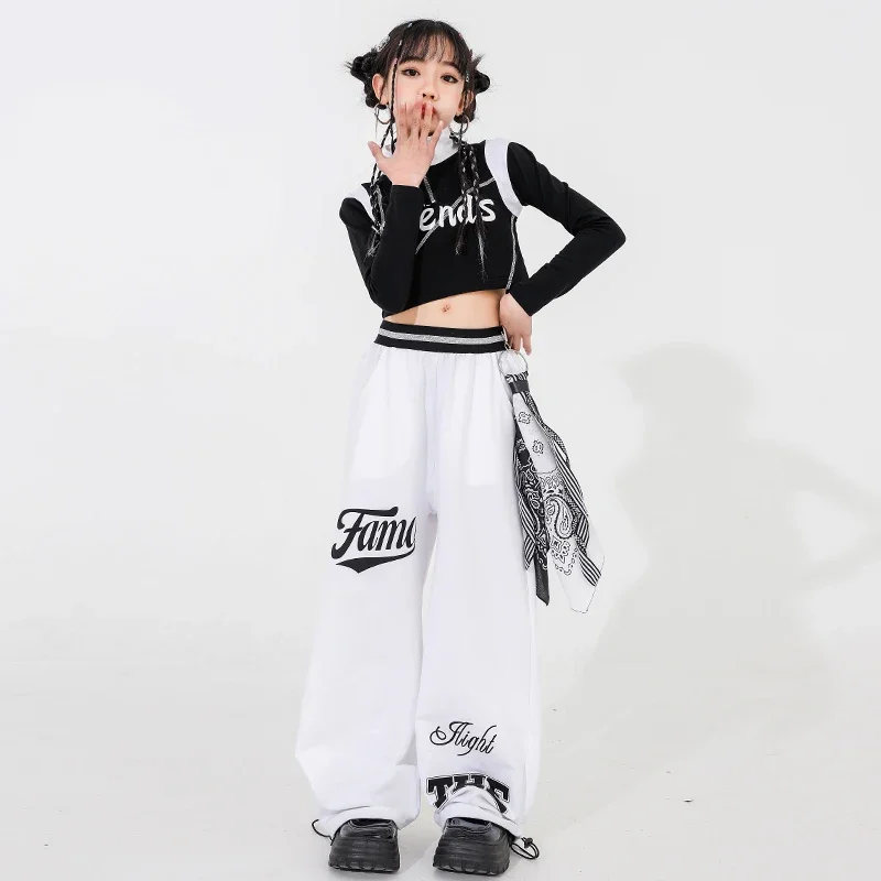 Black Cargo Pant Kids Ballroom Outfits Street Dance Joggers Clothes Sets Child Streetwear Jazz Costumes Girls Hip Hop Crop Tops