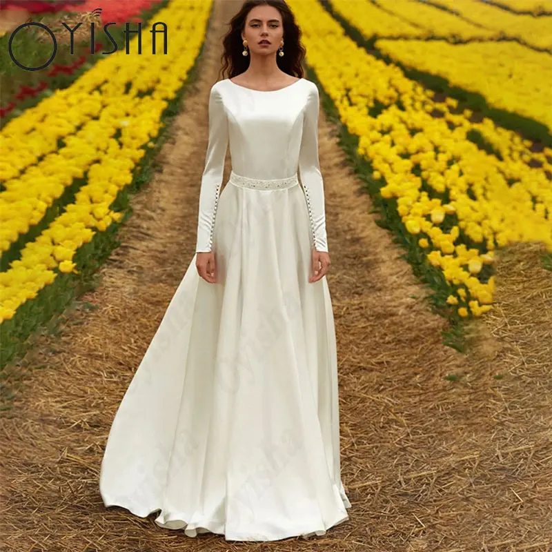 

OYISHA Full Sleeves Satin White Wedding Dresses A-Line Scoop Backless Gorgeous Bridal Gowns For Woman Simple Vestido De Mariages