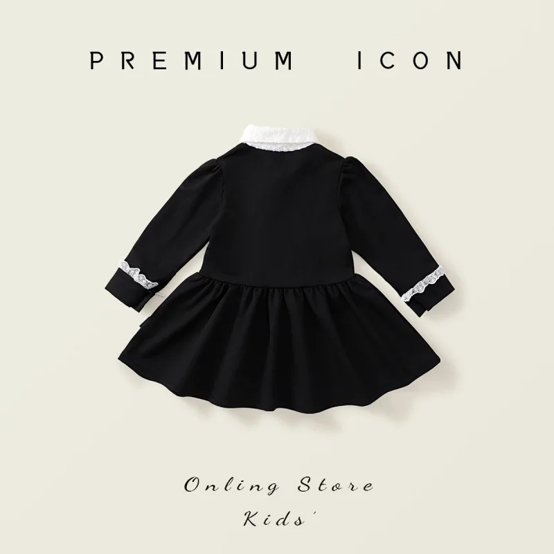 

Girls Black Hepburn Style Long Sleeve Vintage Dress Autumn New Children Lace Bow Princess Dress