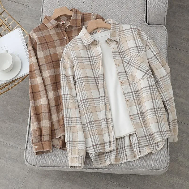 2023 New Fashion Corduroy Shirt Women\'s Autumn Overcoat Oversized Shirt Brown Top Plaid Shirt Overalls Blouse Woman Tops