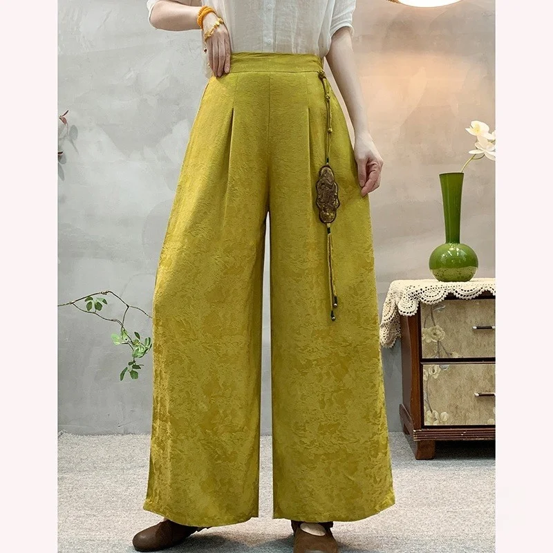 

Женские летние брюки с вышивкой, широкие, с эластичным поясом, больших размеров, прямого кроя, однотонные, в этническом стиле, из атласа, длинные