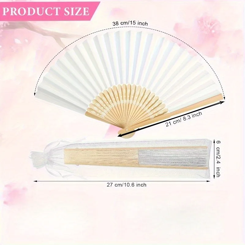25pcs White Paper Fans with Organza Drawstring Pouches Bamboo Hand Fans for Wedding Guests Party Favors Bridal Shower Decor Gift
