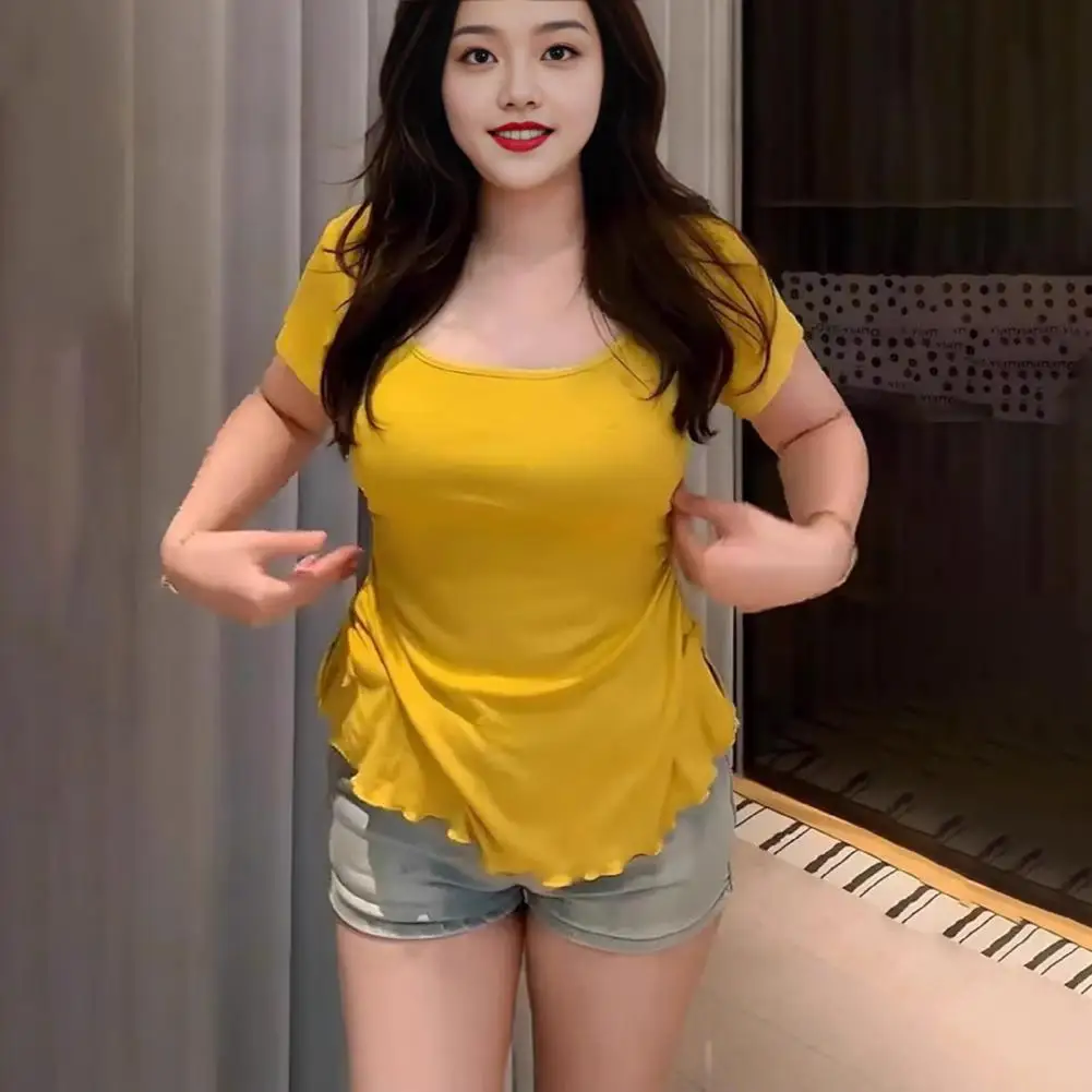 

Женский топ Элегантная женская блузка с U-образным вырезом и складками на талии Мягкий облегающий топ с короткими рукавами для повседневной носки Однотонный стильный топ
