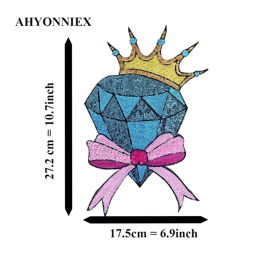 1 Piece Blue Diamond With Bow Crown Sequins Embroidery Patches For Clothing Sticker Appliques Iron On Patches