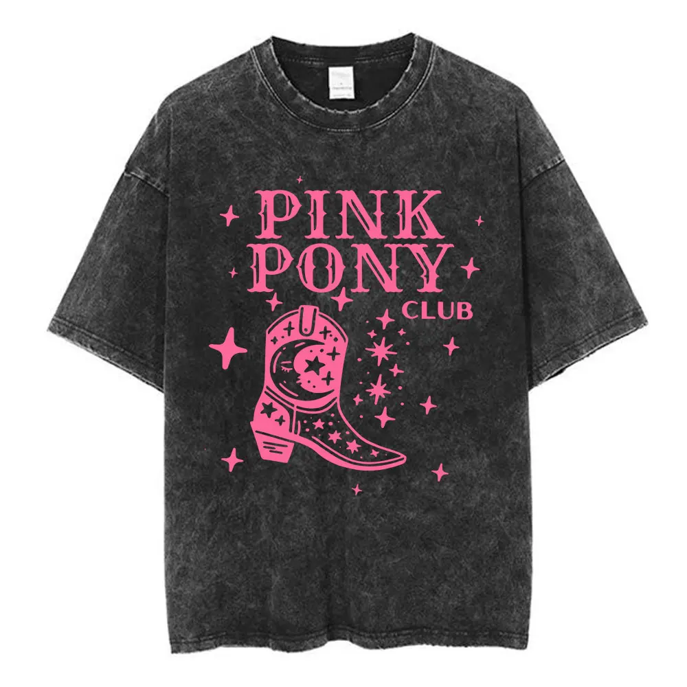 Pink Pony Club Chappell Roan Cowgirl Boots T-shirt Men Women Hip Hop Vintage Washed Country Music T Shirt Cotton O-Neck T-shirts