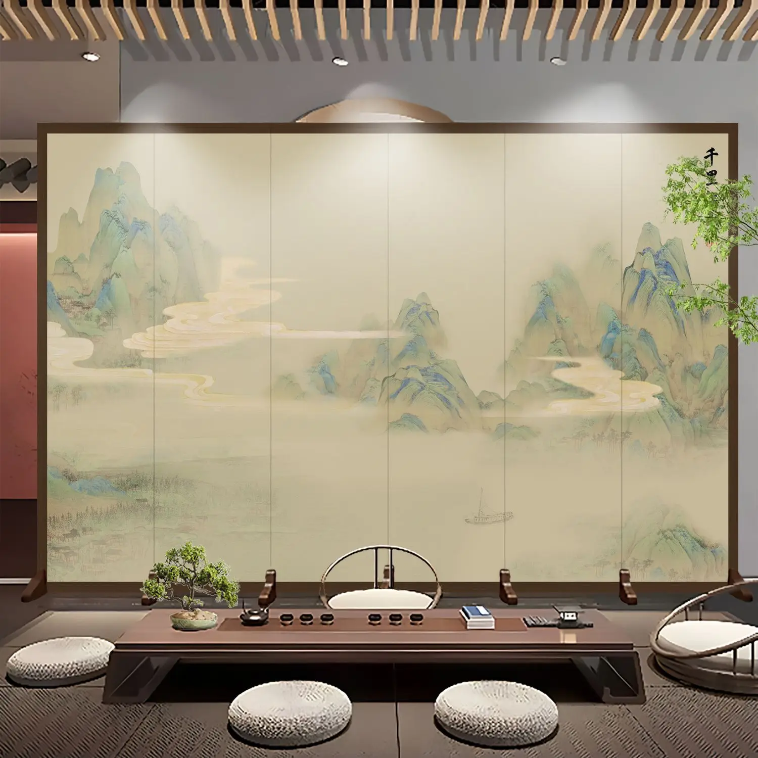 New Chinese screen partition living room block office hotel entry landscape painting folding mobile background wall