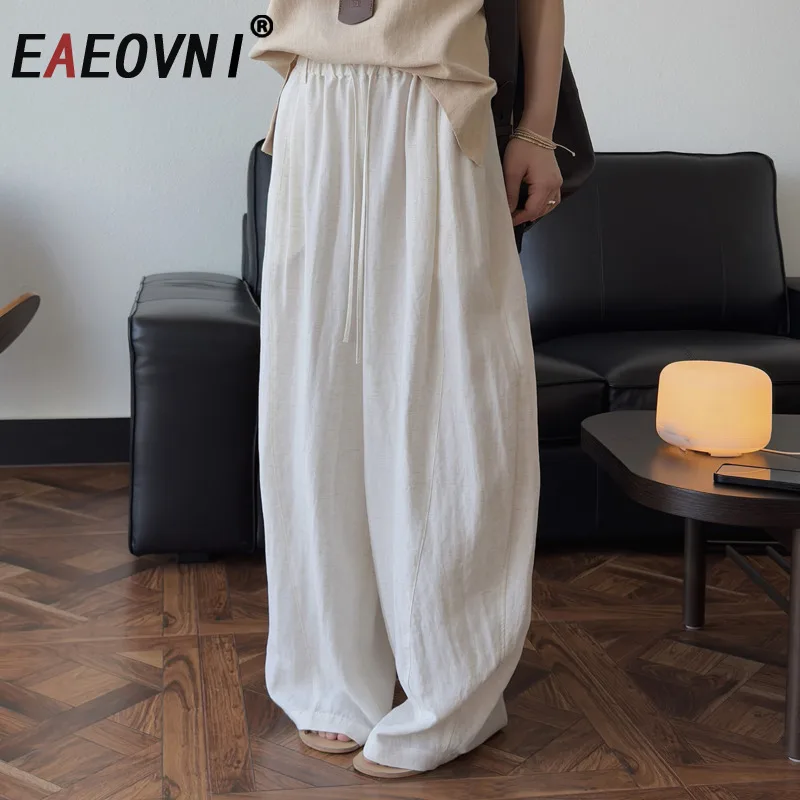 

EAEOVNI Summer Loose Linen Long Pants For Women High Waist Lace-up Solid Color Casual Wide Leg Trousers Versatile New 1A1673