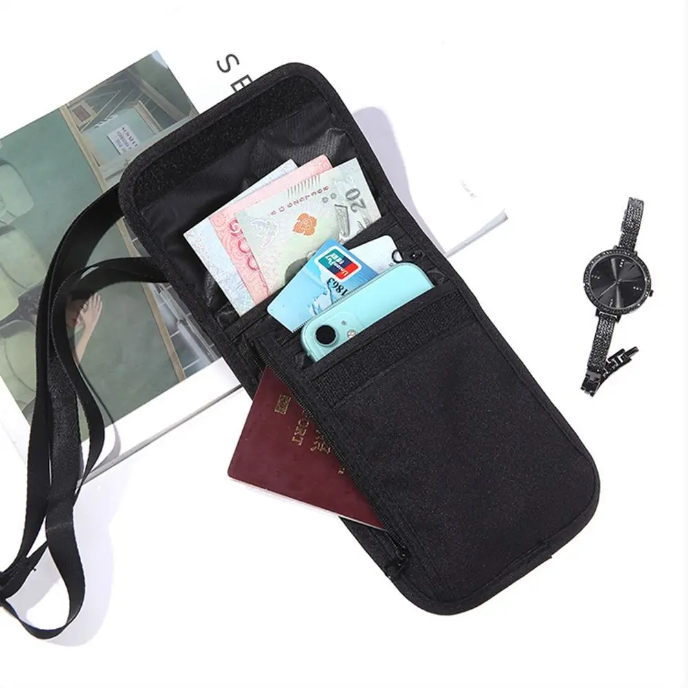 Khaiki Black Hanging Passport Bag Waterproof Nylon Personal Certificate Bag Adjustable Belt Protection Card Storage Bag Unisex