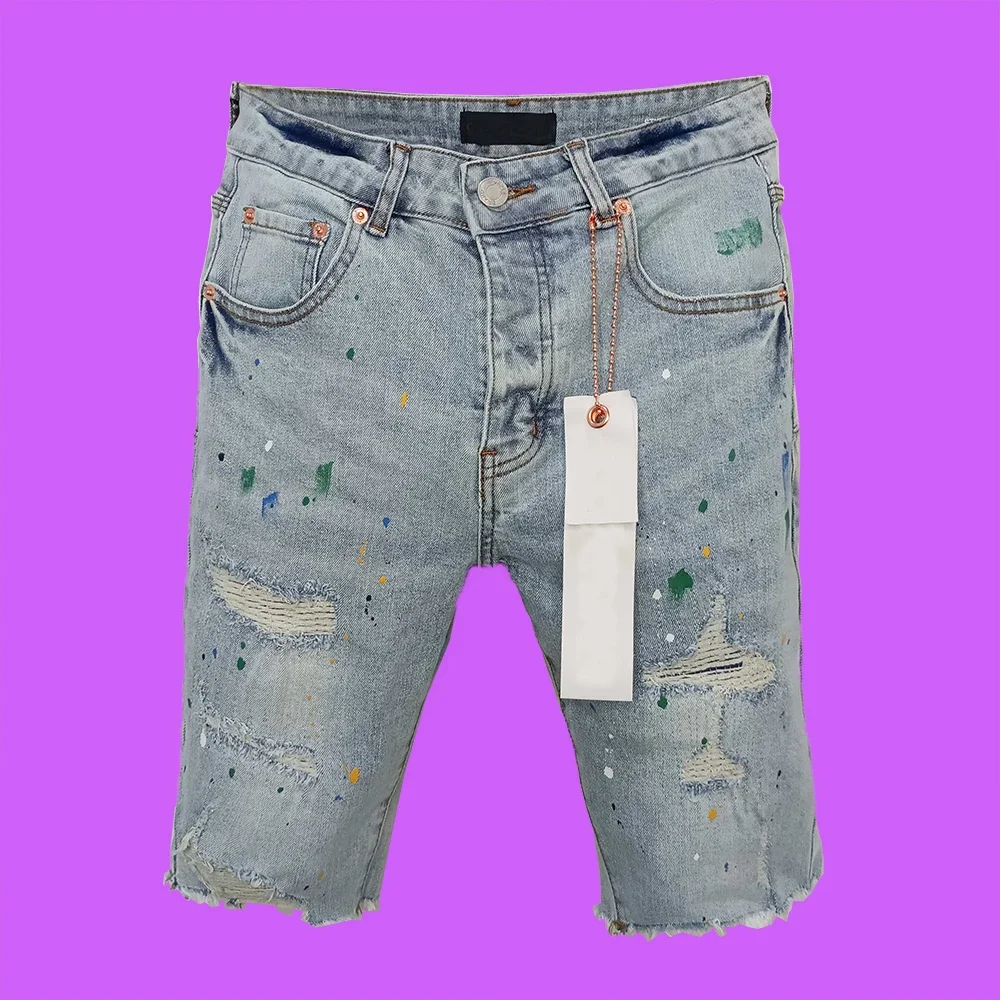 

Purple roca jeans brand street trend in Europe and the United States splashy five quarter pants ripped denim shorts