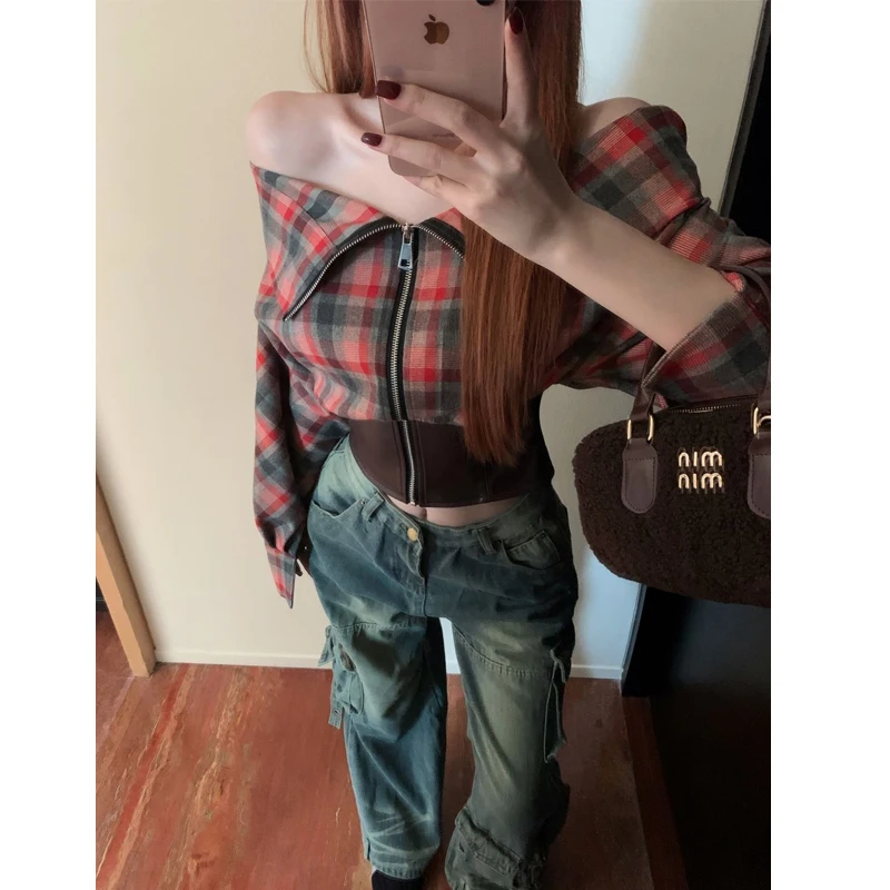 Vintage Plaid Off Shoulder Short Shirt Tops Spring Autumn New Zipper Patchwork Sexy Blouse Fashion Temperament Women Clothing