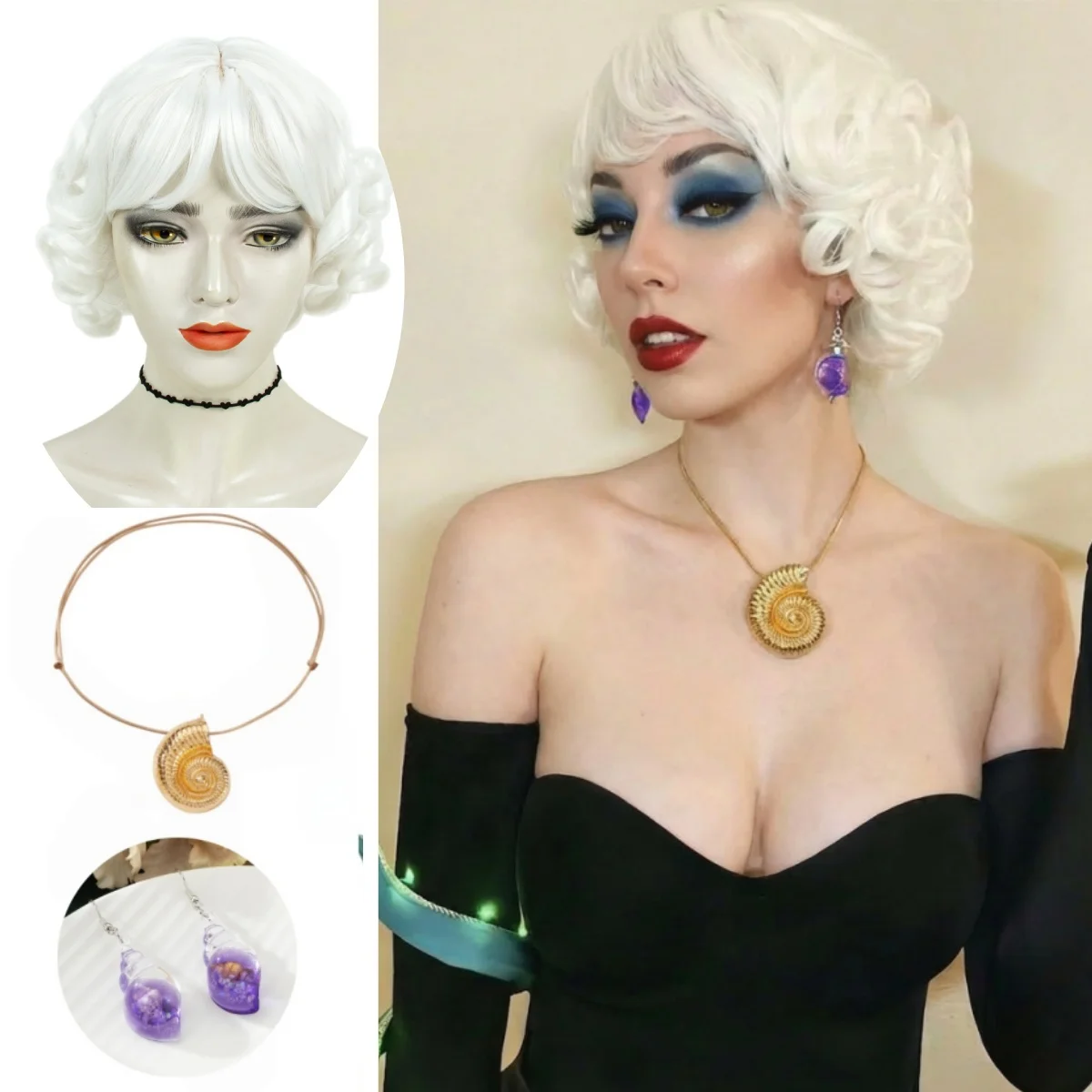 Peruca Curta Branca REEWES para Bruxa Subaquática com Colar de Conchas e Brincos, Cabelo Sintético para Fantasia de Cosplay