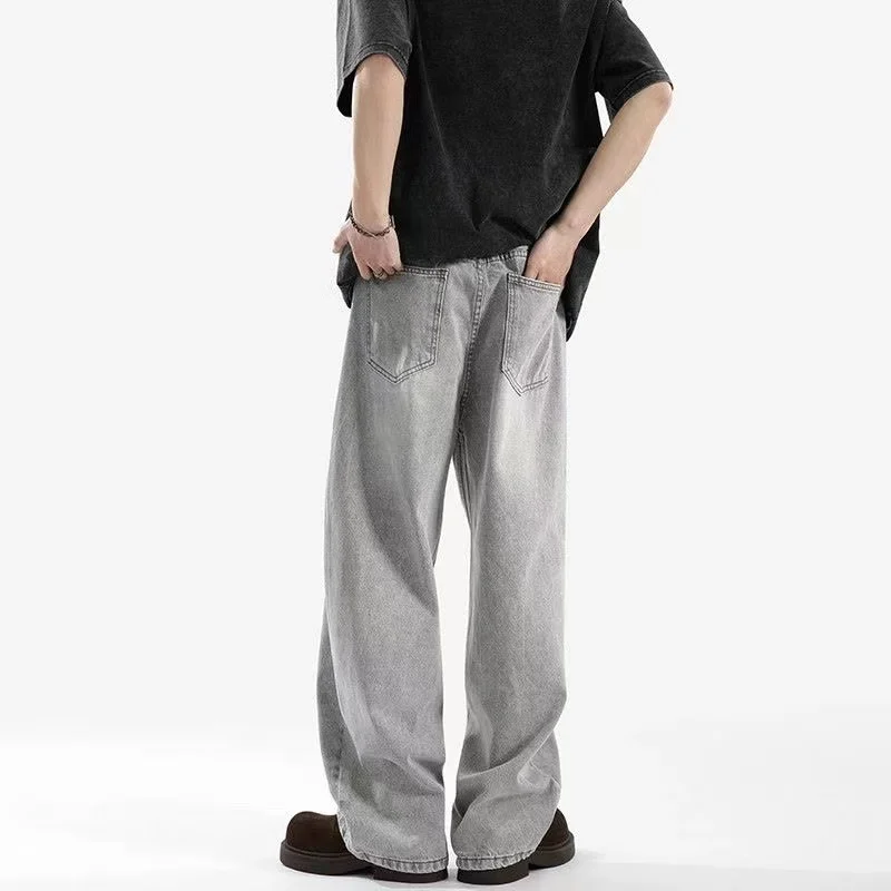 กางเกงยีนส์สีดำผู้ชาย กางเกงขากว้าง กางเกงทรงตรงหลวมสไตล์อเมริกันย้อนยุค