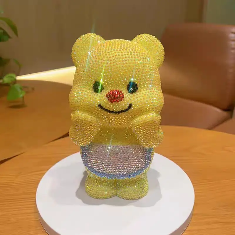 Blinged Yellow Bear Statue Rhinestone Animal Coin Deposit Jar DIY Diamond Embroidery Piggy Bank Mosaic Kids Birthday Gift