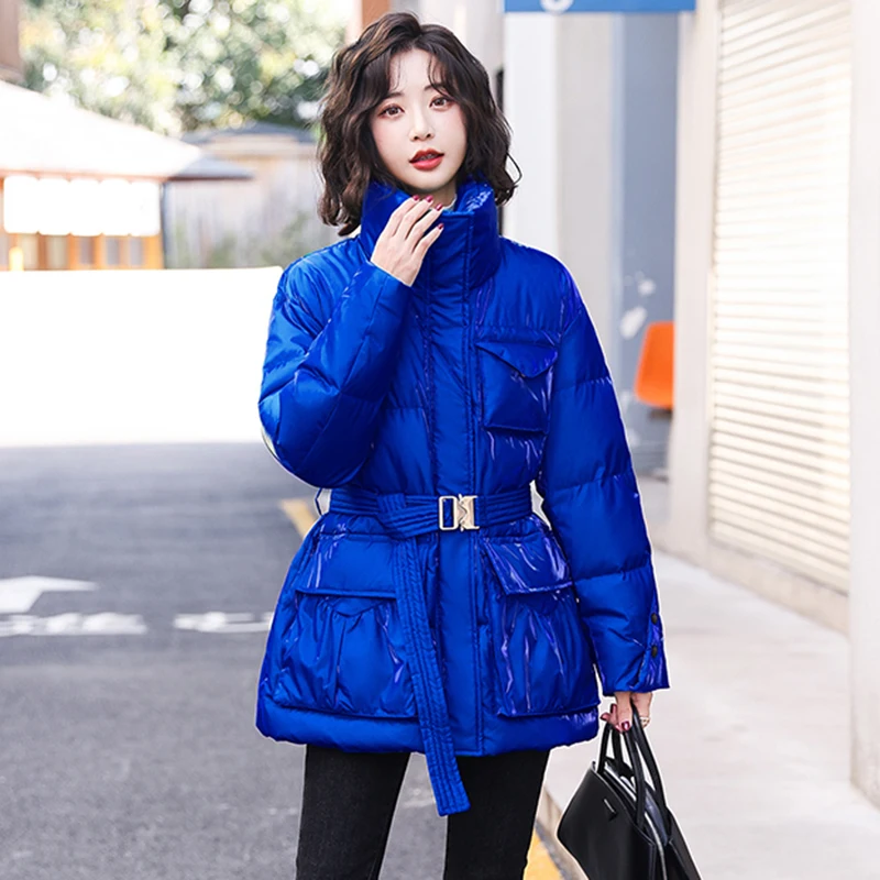 

Pop Women No-wash Down Jacket Winter Nice Casual Fashion Solid Color Stand Collar Medium Long Adjustable Waist Loose Down Coat