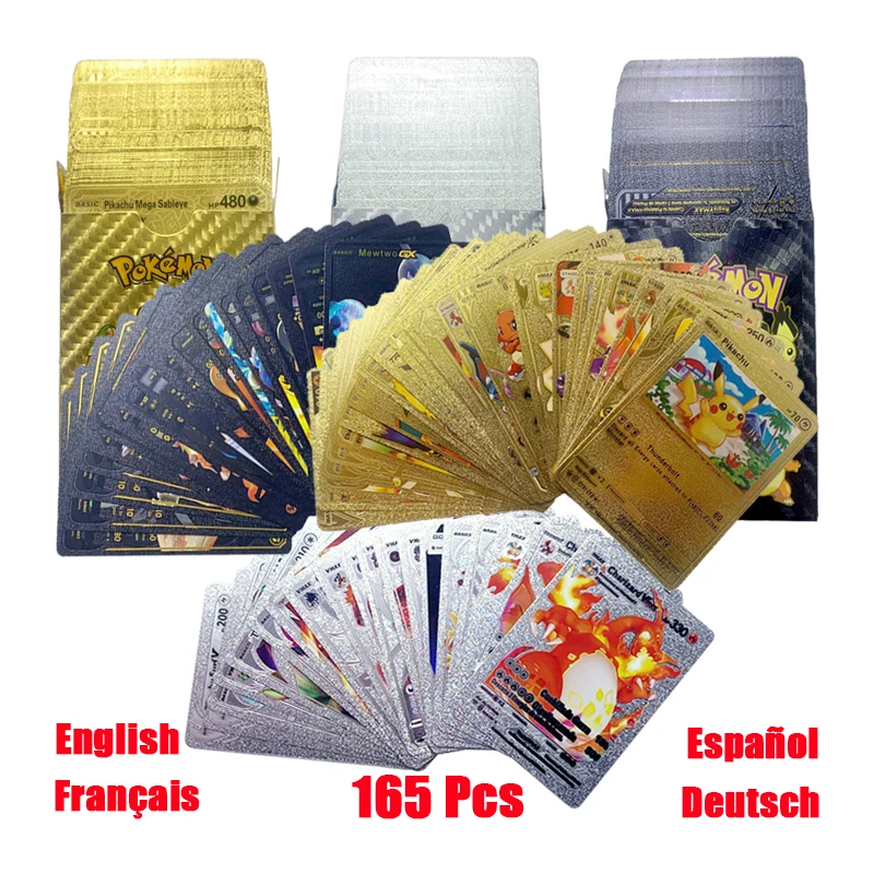 

165Pcs Pokemon Cards French Spanish Golden Cards German English Foil Golden Silve Pokémon Cards Charizard Vmax Gx Game Card