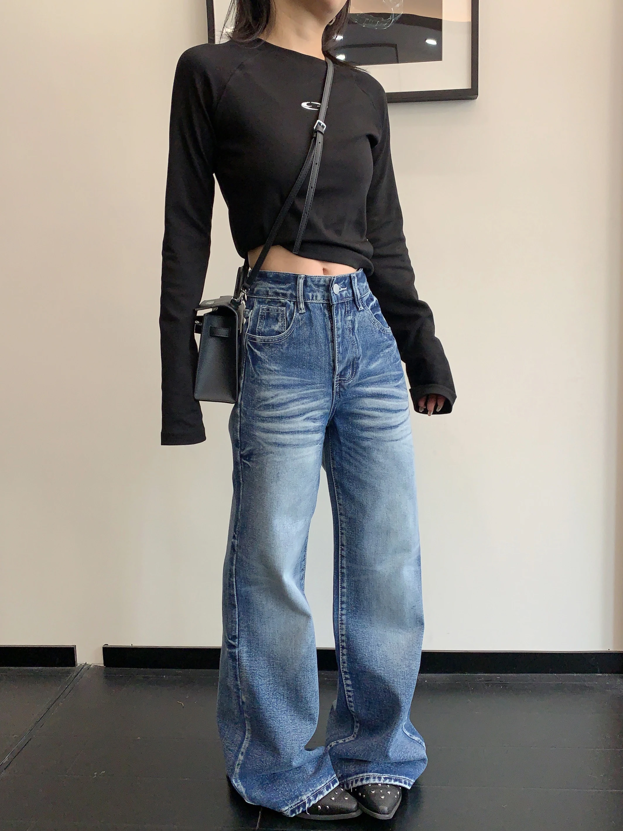 

Женские джинсы с широкими штанинами в стиле ретро, классические, выцветшие, синие, повседневные, с низкой посадкой, весенняя коллекция