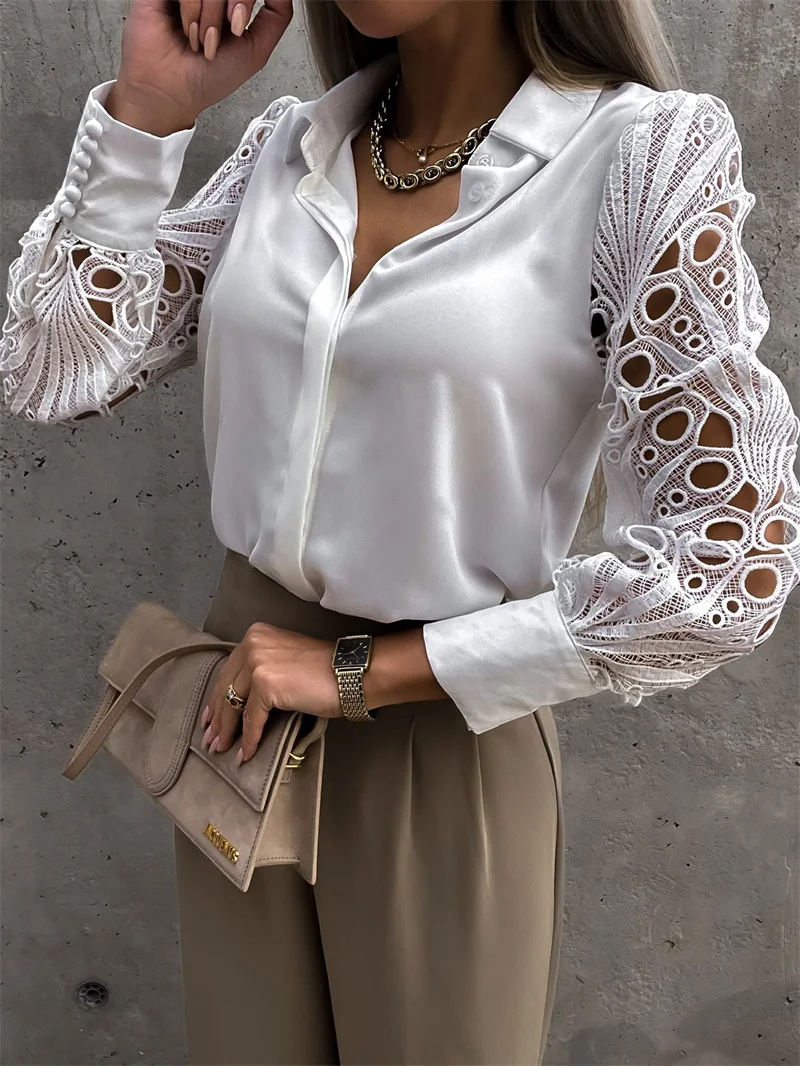 Fashion Elegant Long Sleeve Shirts Blouses 2024 Spring Autumn Female White Lace Patchwork Shirt Women Office Ladies Tops White