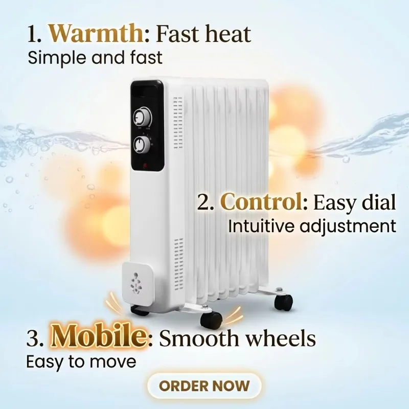 Airo Free Standing Oil Filled Radiator  7Fins Overheat Protection  Home Heater