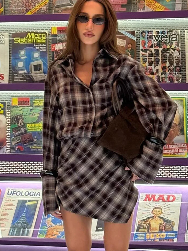 

Trendix Women's Vintage Plaid Shirt Dress Sets Loose Long Sleeve Cardigan Blouse High Waist Retro Print Mini Skirt 2 Piece Suits