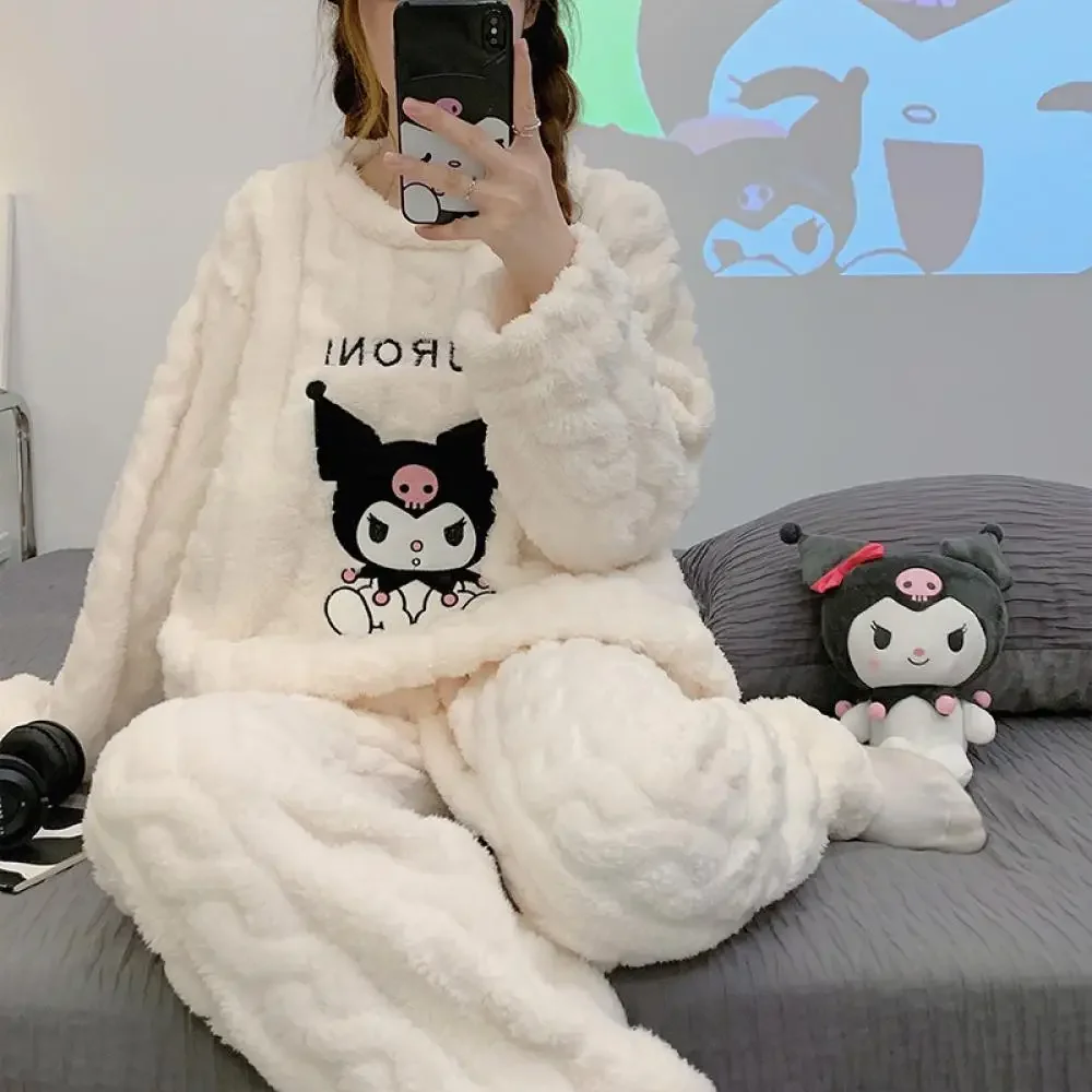 Sanrioed Cartoon 2Pcs Kuromi Pajama Set Kawaii Anime Women Plush Homewear Winter Thicken Long Sleeves Pants Girls Cute Keep Warm