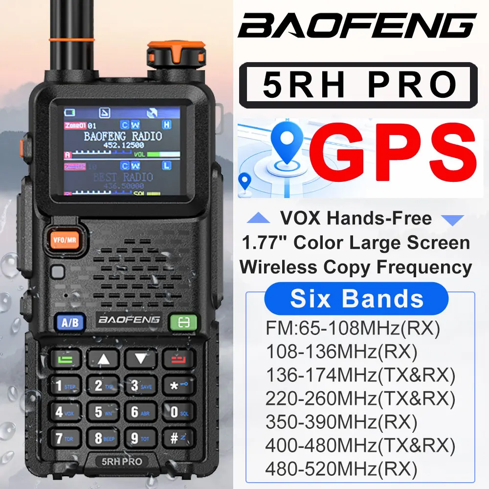 Baofeng 5RH PRO GPS Walkie Talkie Long Range 15W Type-C Multi Band Wirless Copy Frequency NOAA Portable 2 Way Radio For Hunting