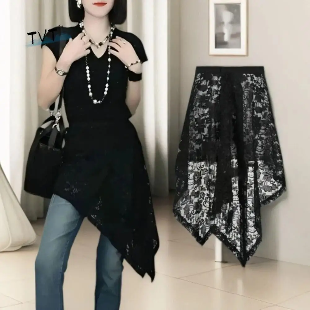 

Irregular Lace Underskirt Slips Asymmetric Cheongsam Mesh Underskirt Slips Dress Loose Hight Waist Safety Skirt Petticoat Girls