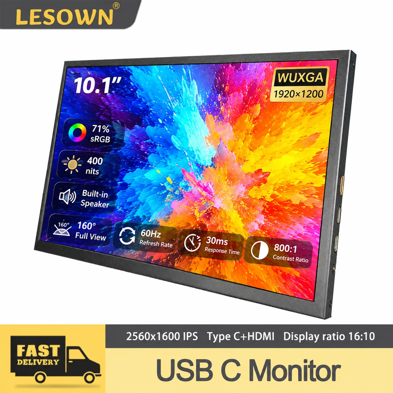 LESOWN 10.1 Inch Screen Plug Play Laptop External Dual Monitor 1920x1200 Mini HDTV Type C Secondary Display