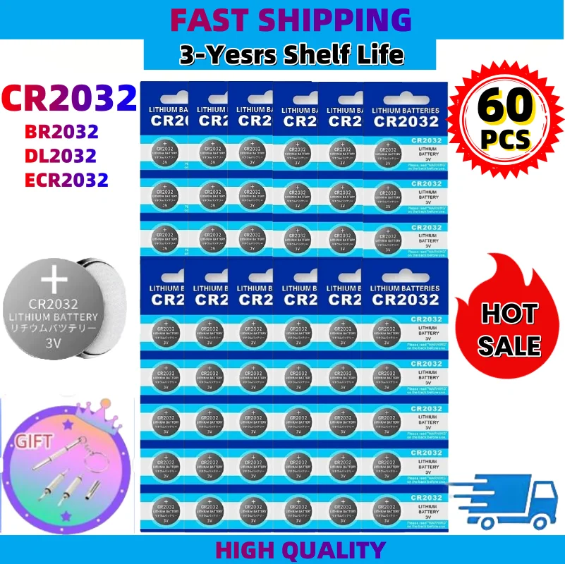 60PCS CR2032 Lithuim Cell Button 3V BR2032 DL2032 ECR2032 Lithium Li-ion Batteries for Electronic Watch LED Light Toy Remote