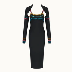 Women Elegant Bandage Dress 2024 New Sexy Beading Bodycon Clothes Club Party Celebrity Dresses