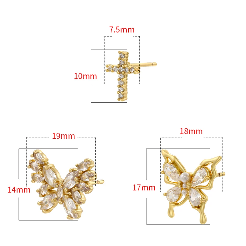 ZHUKOU 4 Style 18K Gold Plated Gemstone & Pearl Women's Sweet Romantic Style Stud Earrings 1 Pair: VE1363-1365