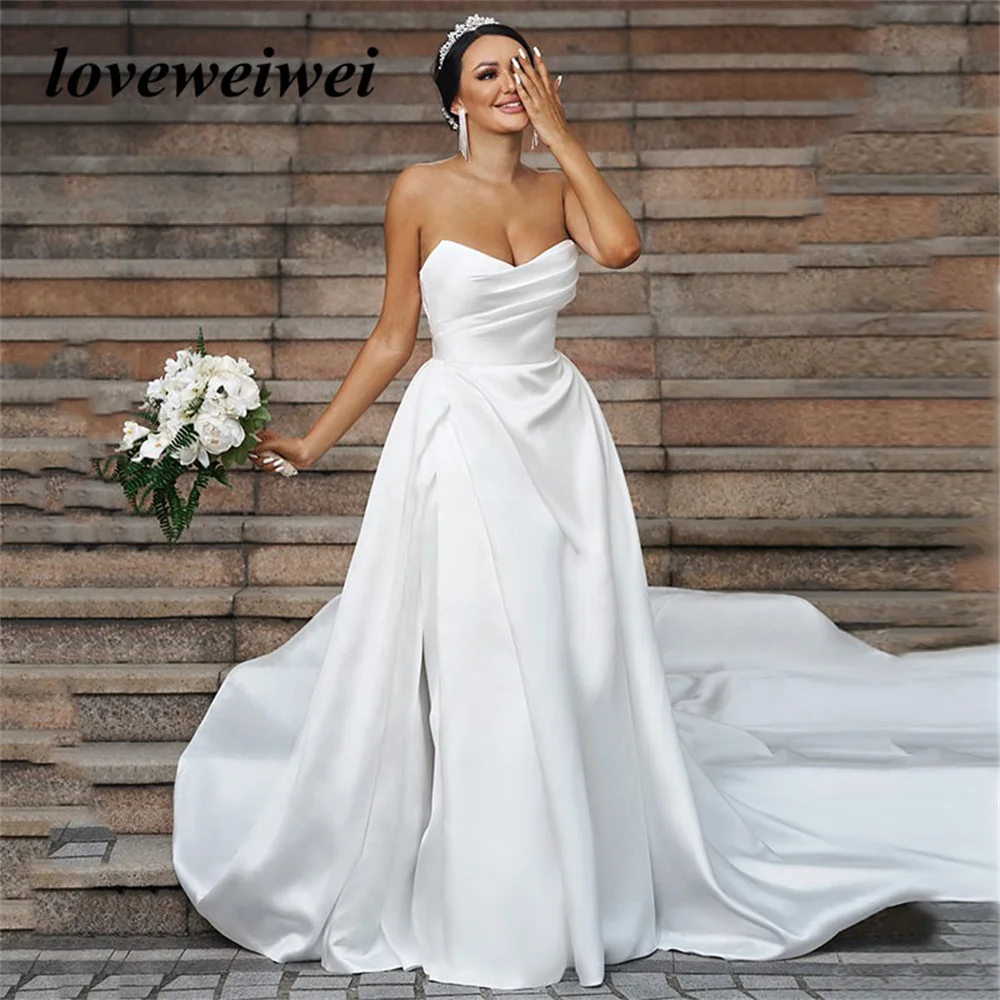 Vestidos de noiva sem alças para mulheres, simples linha A plissada, vestidos de noiva sem encosto, trem longo cetim, vestes nupciais