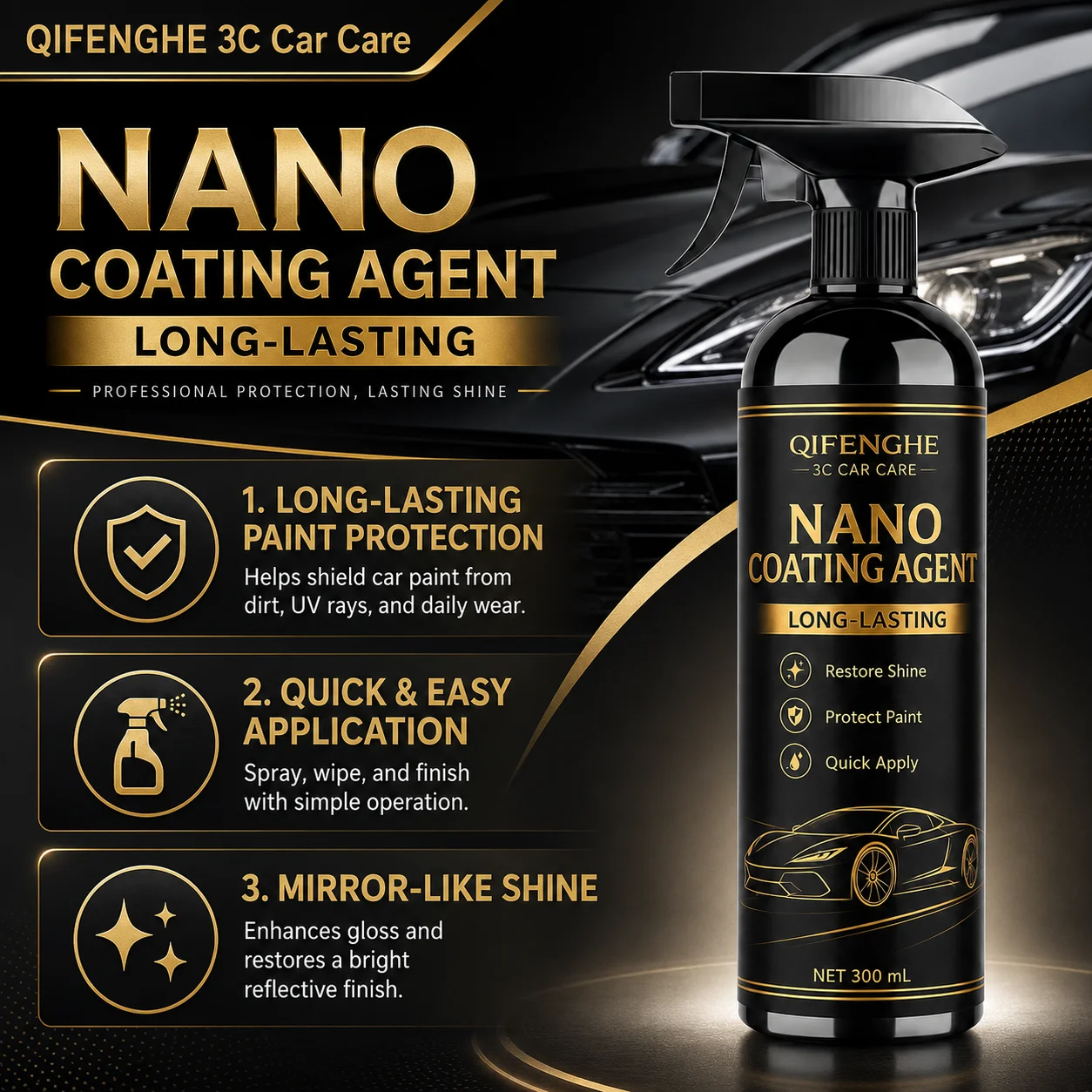 QIFENGHE Spiegelglanz Nano-Beschichtung 300ml Langanhaltender Autolackschutz Schnelle Anwendung UV-Beständig – Detail 2