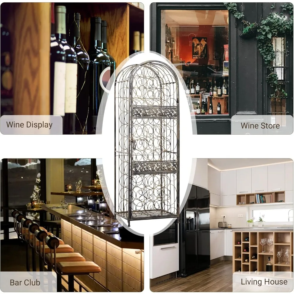 Rak Anggur Besi Tempa Antik Berwarna Perunggu untuk 45 Botol dengan Kunci - Desain Terinspirasi Penjara