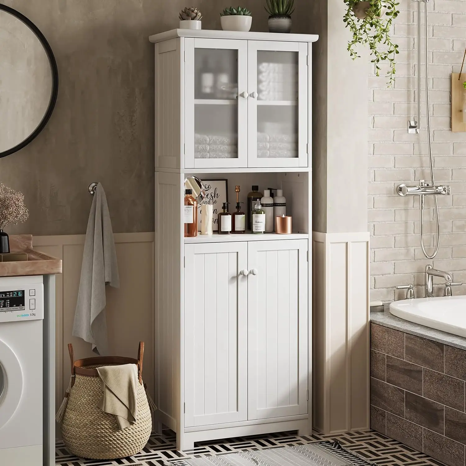 

Tall Bathroom Storage Cabinet with Glass Doors & Adjustable Shelves, Linen Cabinet Closet for Bathroom, Kitchen, White