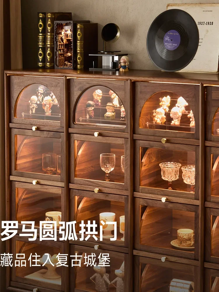 DSA black walnut sixteen grid cabinet solid wood retro living room display cabinet medieval chest cabinet including light