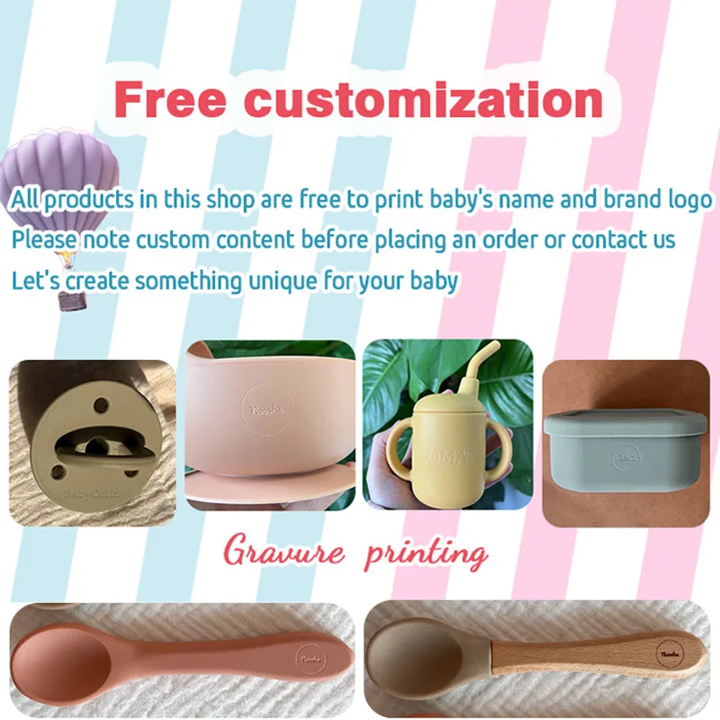 Custom Personalized Name Or Logo Baby Safe Sucker Silicone Feeding Bowl Children Dishes Plate Toddle Training Spoon Tableware