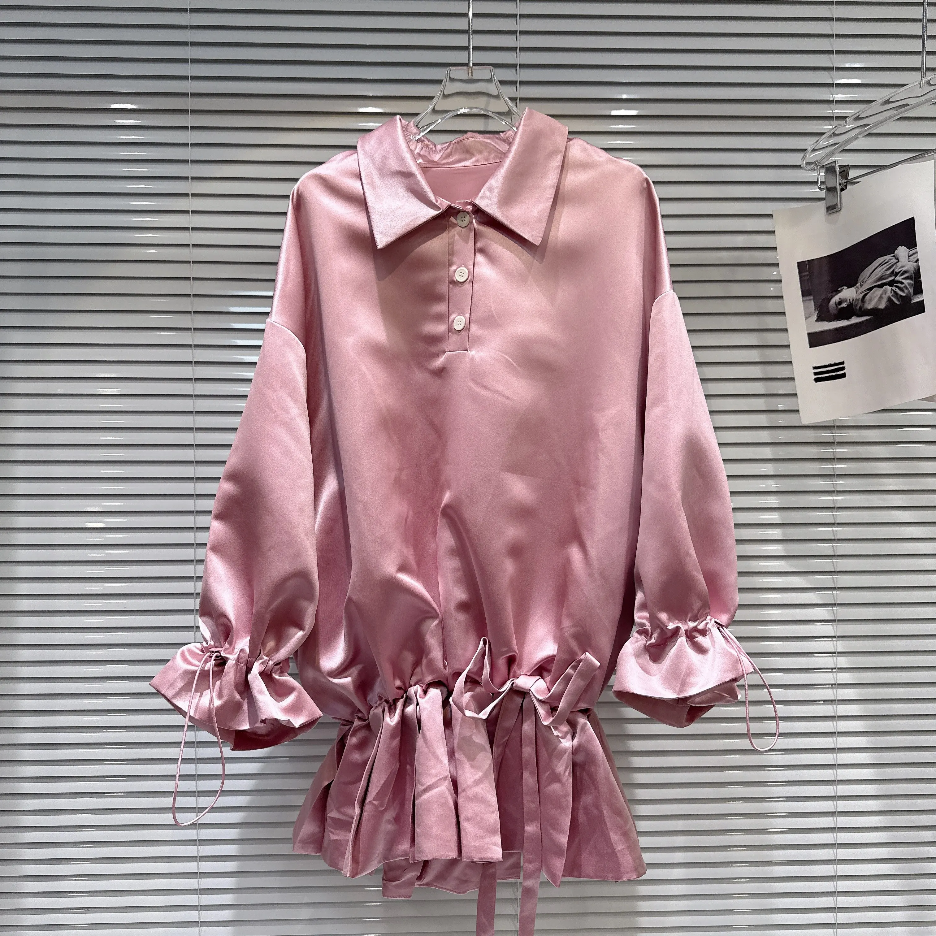 2026 Spring New Arrival Trendy Y2K Drawstring Waist Ruffle Hem Long Sleeve Mercerized Cotton Shirt Dress Women