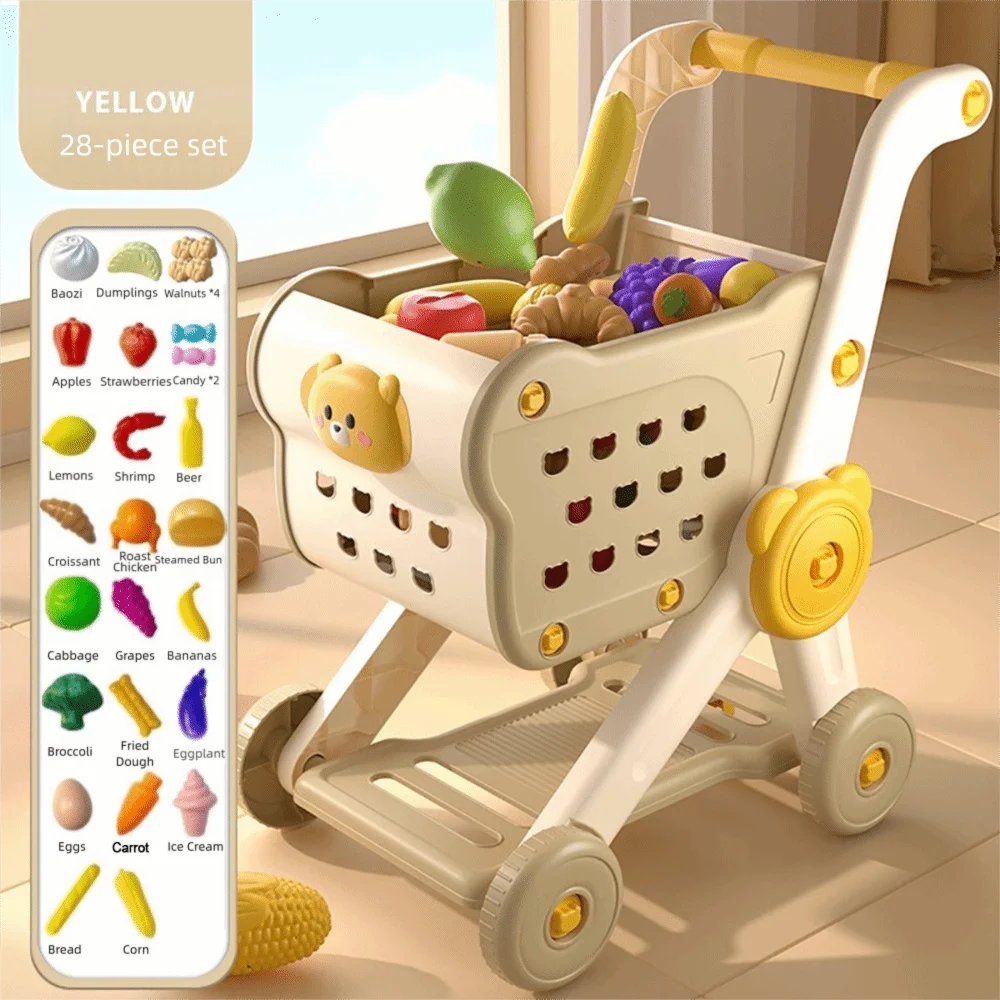 Play Mini Size Shopping Cart Toy Simulated Fruit Food Vegetables Kitchen Playset Handcart Design Supermarket Toy Boys Girls