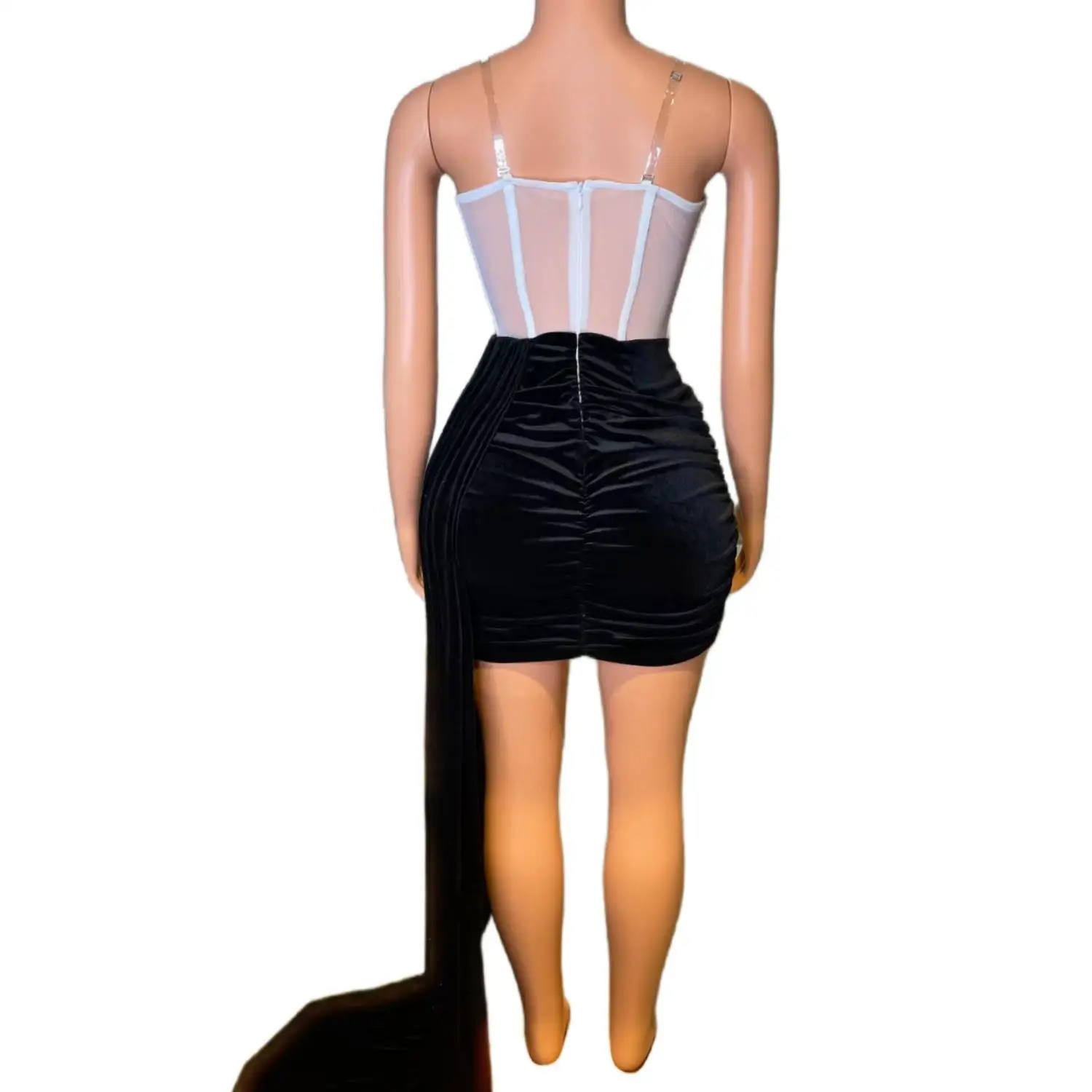 Tiaoma Womens Luxury Rhinestone Sheer Mesh Corset Mini Dress Spaghetti Strap Black Velvet Side Train Party Evening Prom Gown - view 4