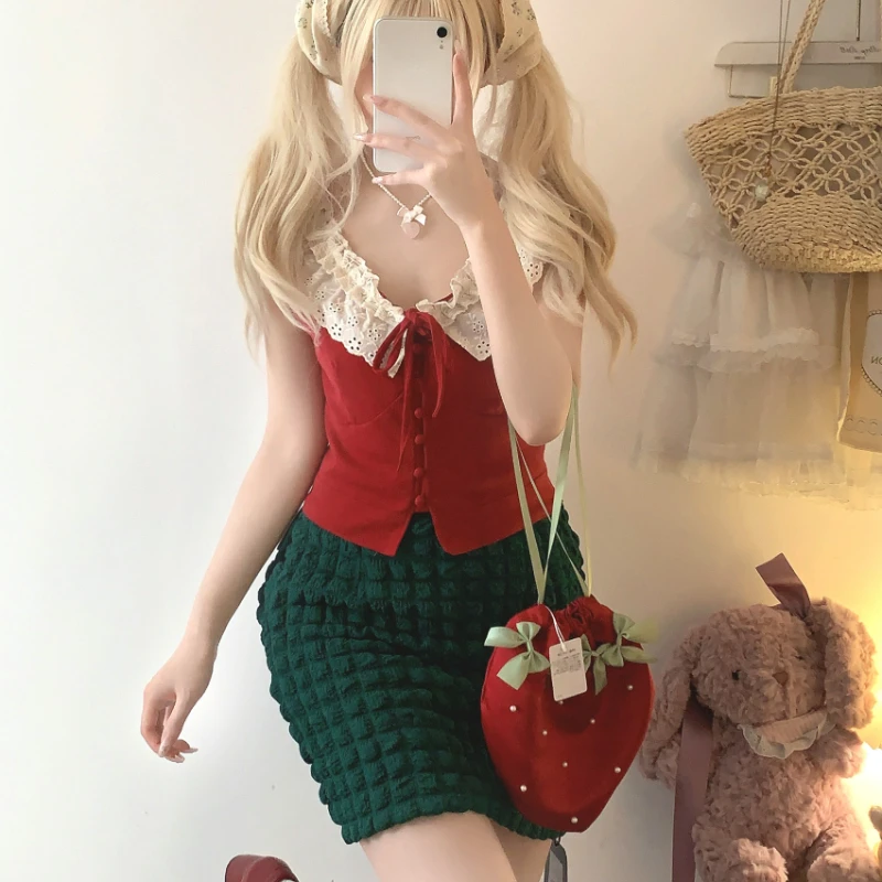 Summer Sweet Lolita Style ruffles Lace Camis Tops Women Button bandage Kawaii Crop Tanks Cute Slim Vest Girls Aesthetic Clothes