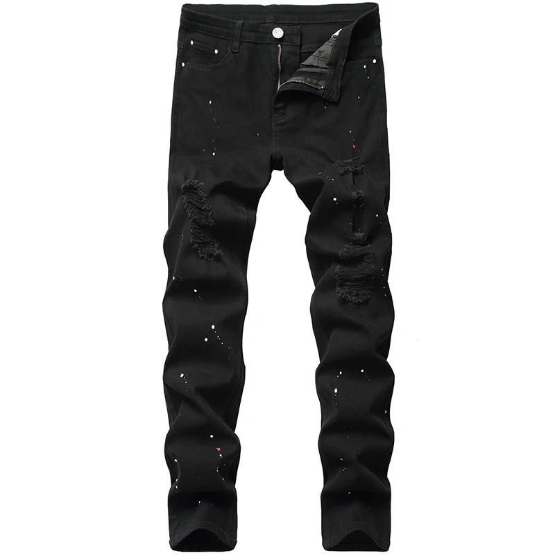 Denim Jeans Hole Design Fashion Lacquer Foot Casual Pants Stretch Regular Fit Black Long Hip Hop Men's New Four Season Plus Size