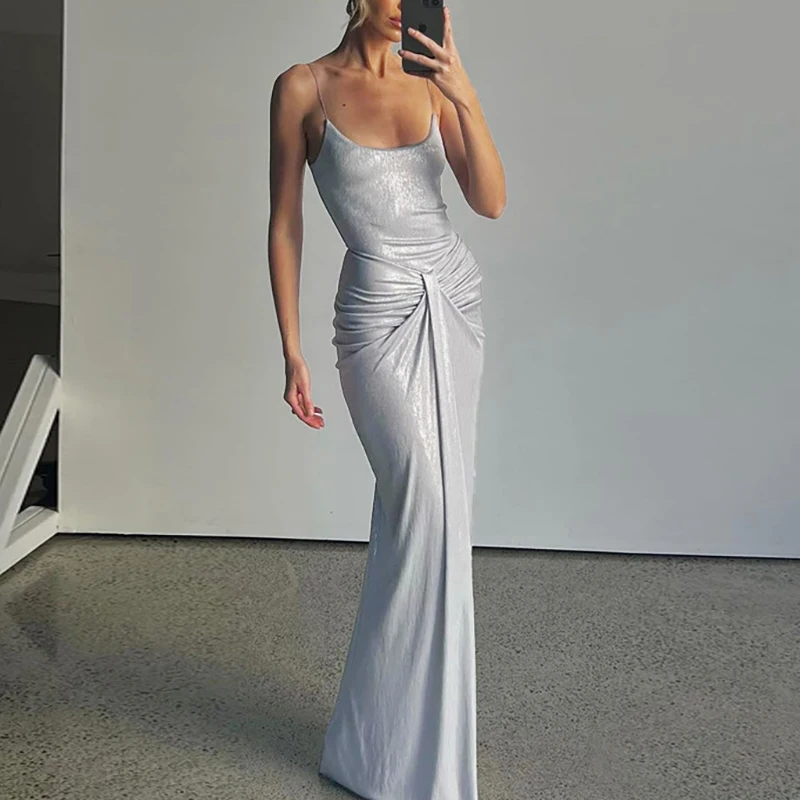 Temperament High Waist U Collar Backless Wrap Hips Dress Sexy Slim Women Dress Luxury Sleeveless Solid Color Twist Evening Dress