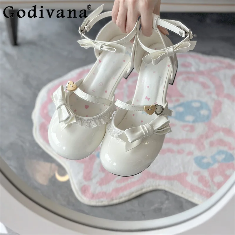 

Lolita Hollowed Sandals for Girls Mid Heel Round Toe Lace Women's Shoes Japanese Style Female Wedding Shoes Bride