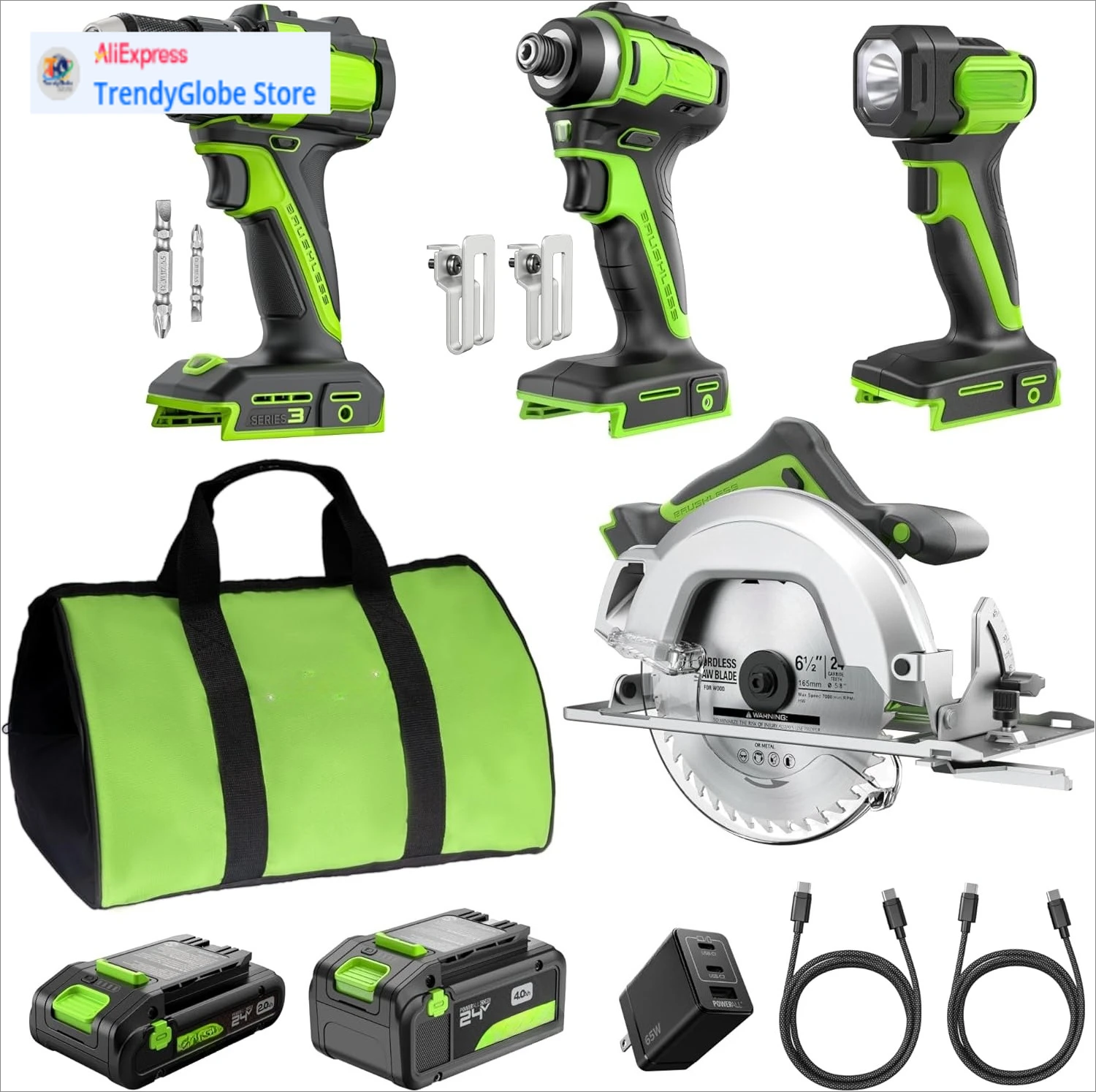Combo de 4 piezas sin escobillas inalámbrico de 24 V, taladro/destornillador de 400 libras + destornillador de impacto de 1950 libras + sierra circular de 6,5 "+ linterna de 200 LM