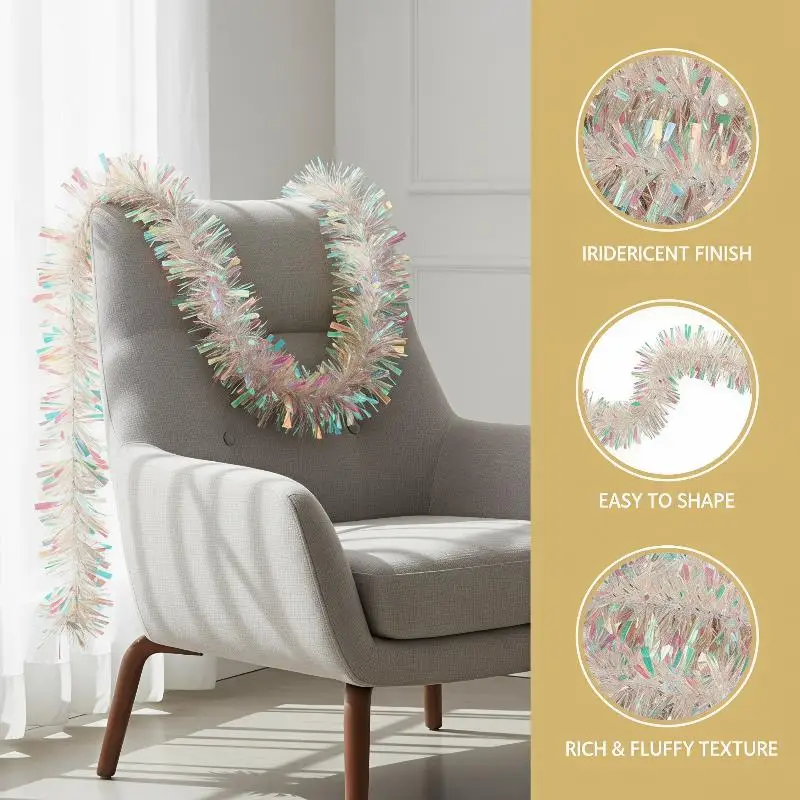 Light Green Iridescent Holographic Tinsel Garland Shiny Xmas Decor for Christmas Tree Office Party New Year Decoration
