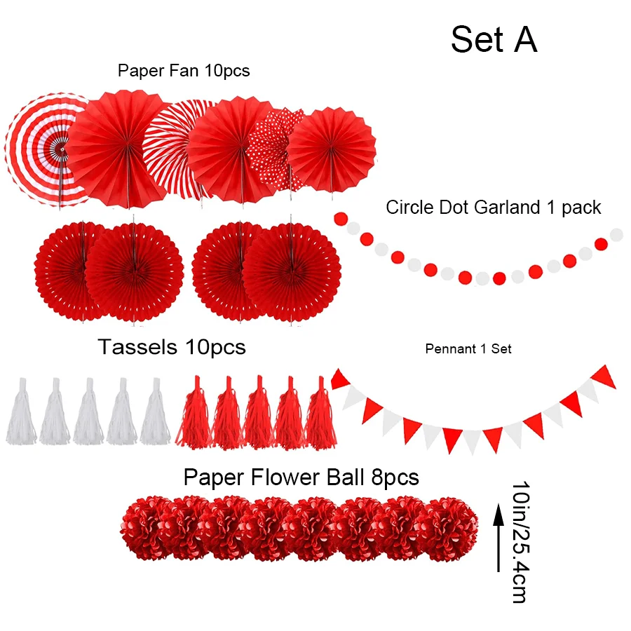 Party Decorations, Red Paper Fans Pompoms Garlands Tissue Tassel for Graduation, New Year, Spring Festival, Wedding, Shower