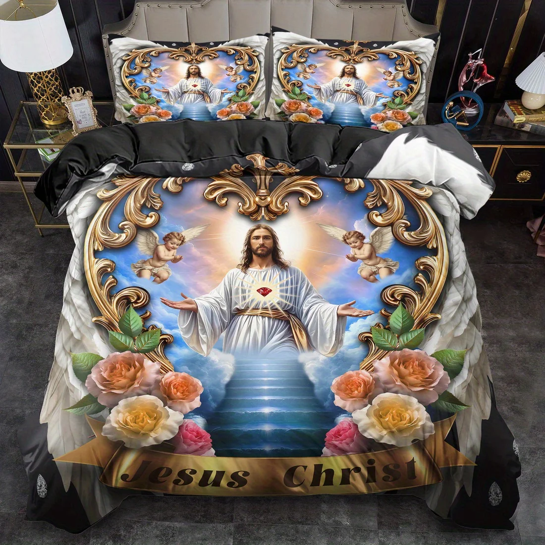 Sacred Christian Saint Print Duvet Cover Set King Queen Size Machine Washable Quilt Decoration for Bedroom And Guest Room